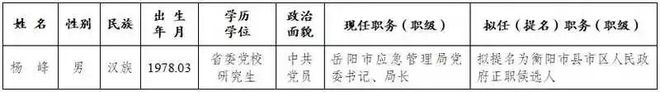 岳阳市应急管理局局长杨峰，拟提名为衡阳市县市区人民政府正职候选人